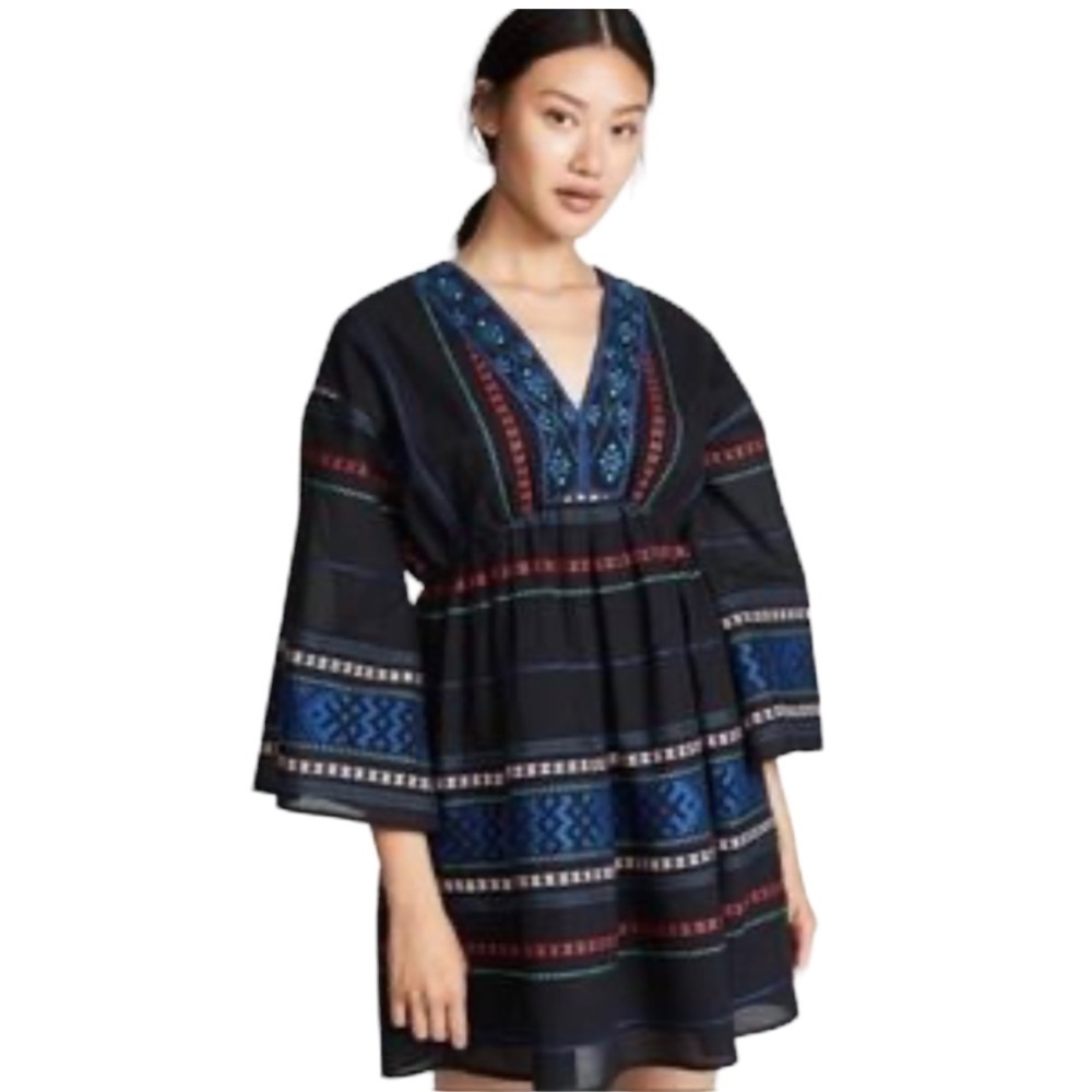 Joie Shada Black Embroidered V Neck Kimono Sleeve Cotton Boho Dress Women Large - Picture 3 of 14